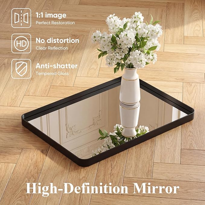 NEWBULIG 36X40 Inch Bathroom Mirror for Over Sink, Wall Vanity Mirrors Tempered Glass, Anti-Rust Metal Framed Rounded Rectangle, Hangs Horizontally or Vertically, Farmhouse Home Decor, Black