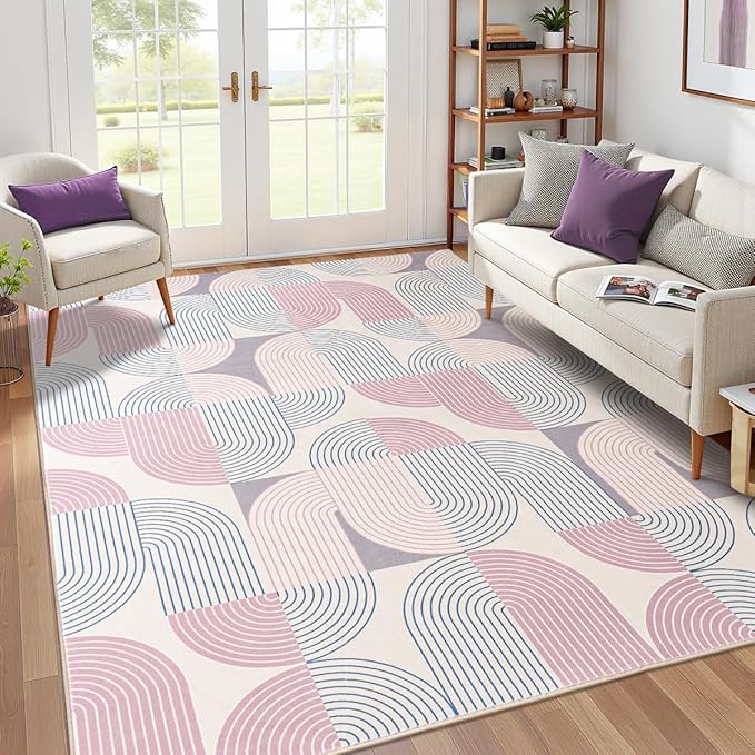 Living Room Rugs 6x9, Soft Modern Geometric Pink Rug for Bedroom, Washable Non-Slip Indoor Floor Boho Abstract Carpet for Dining Room Nursery Home, Pink/Purple