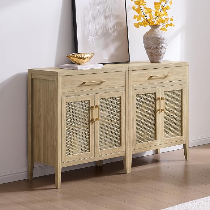 SICOTAS Sideboard Buffet Cabinet with Drawers - Credenza Storage Cabinet with Adjustable Shelves, Farmhouse Sideboards Coffee Bar Console Cabinets for Kitchen Living Room Entryway, Light Walnut, 2 PCS