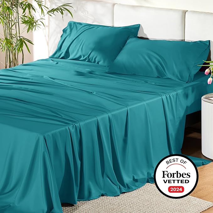 Bedsure King Size Sheets Set, Cooling Sheets for Hot Sleepers, Rayon Derived from Bamboo, Breathable & Soft, Deep Pocket Up to 16 Inches, Hotel Luxury Silky Bedding, Turquoise