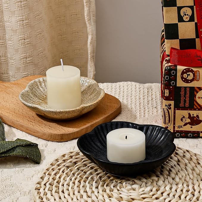 Koythin Ceramic Candlestick Holder for Pillar Candles, Floral Shape Candle Stand & Dish Bowl for Candlesticks, Incense, Decorative Ceramic Plate Tray for Table Centerpiece and Home Decor (Khaki)