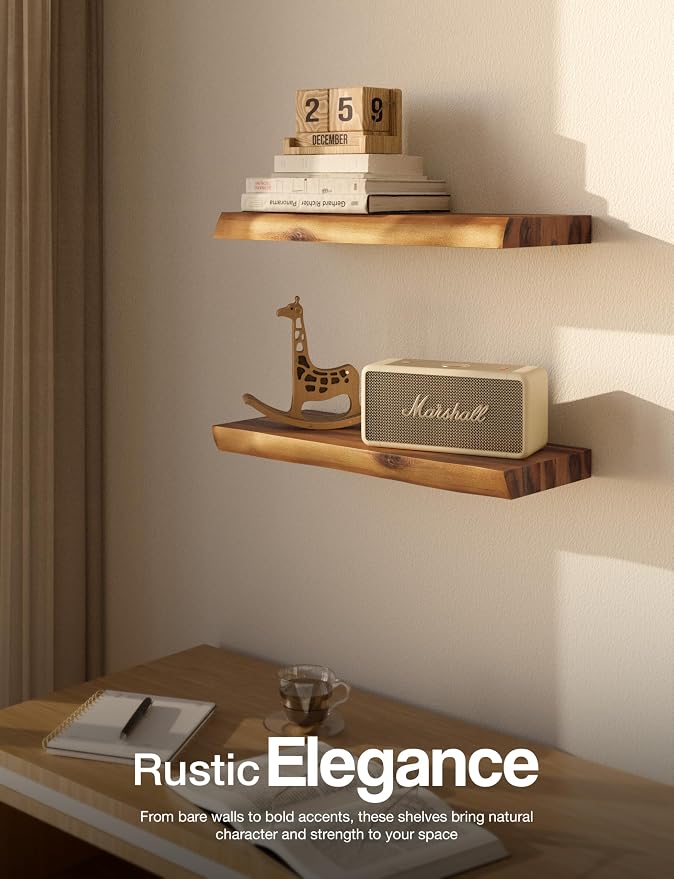 BATODA 17” Acacia Live Edge Floating Shelves, Wooden Floating Shelves for Wall - Set of 2 Floating Book Shelves, Book Shelf for Wall, Bathroom, Kitchen - Mounted Shelf, House Decor with Hardware