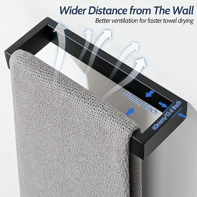 Sayayo Matte Black Towel Bar for Bathroom, 8 Inch Hand Towel Holder Wall Mount Square Towel Ring SUS304 Stainless Steel Towel Rack