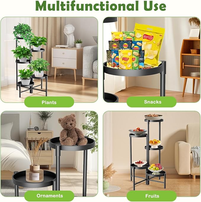 5 Tier Heavy Duty Metal Plant Stand for Indoor & Outdoor Use, Foldable Tall Corner Plant Shelf, Black Flower Pot Holder & Display Rack for Living Room, Balcony, Garden, & Patio