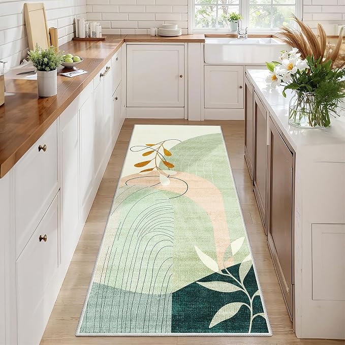 MUJOO Washable 2x6 Runner Rugs for Kitchen Hallway Bedside Bathroom Laundry Room Bedroom Floor,Boho Long Area Rug Non Slip Carpet Throw Rug Mid Century Modern Abstract Botanical Geometric Green