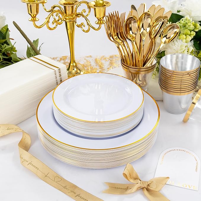 SUT 700Pcs Disposable Dinnerware Set for 100 Guests, White and Gold Plastic Plates, Party Plates and Cups and Napkins Sets, plates and Napkins Party Supplies, Gold plastic Silverware for Party Wedding