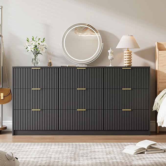 Black 9 Drawer Dresser for Bedroom, 63" Wide Modern Fluted Dresser with Gold Metal Handles, Chest of Drawers for Bedroom, Living Room, Entryway, Hallway