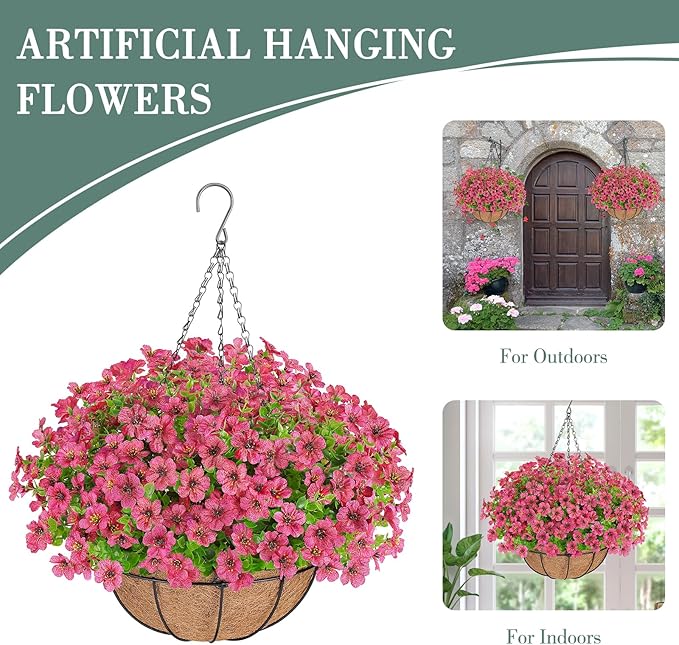 Artificial Flowers Hanging Plants in Basket,Artificial Hanging Flowers for Outdoor Indoor Decor,UV Resistant Hanging Baskets with Fake Flowers for Patio Garden Porch Deck Decoration