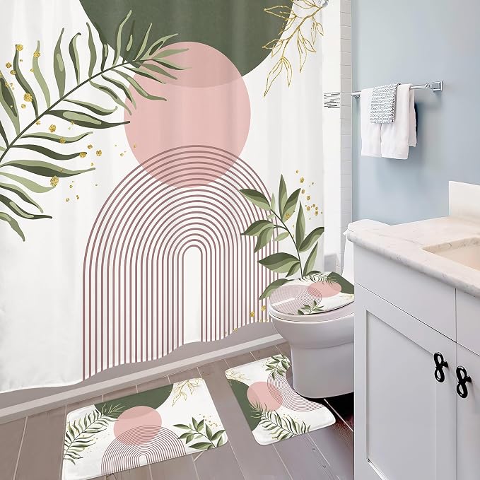 4 PCS Pink Sage Green Boho 72Wx72H Shower Curtain Set Modern Mid Century Plant Bath Rug Toilet Lid Cover Nonslip U Shape Mat Quick Dry Bathroom Decor with 12 Hooks