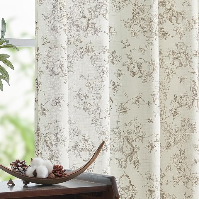 jinchan Linen Floral Curtains for Living Room 63 Inch Length Taupe Printed Flower French Country Curtain Farmhouse Cottage Core Toile Curtains Back Tab Light Filtering Window Drapes Set 2 Panels