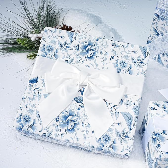 BIOBROWN Floral Wrapping Paper Jumbo Roll - 17 Inch X 33 Feet (82.5 sq. ft. ttl.) Blue White Peony Design Chinoiserie Gift Wrap Stone Paper for Christmas, Wedding, Bridal Shower, Mother's Day