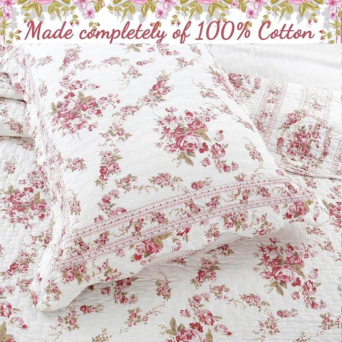 Cozy Line Home Fashions 100% Cotton Quilt Bedding Set, Pink Floral Reversible Coverlet Bedspread (Vintage Rose, Queen - 3 Piece)
