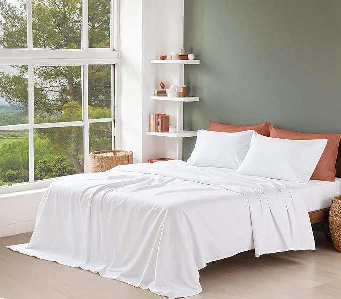RUVANTI 100% Organic Cotton Sheets Full Size, Percale Weave, GOTS Certified, 4-Piece Set, Deep Pocket 15", Crisp & Breathable, Soft Durable Bedding, Sábanas Algodón Orgánico – Bright White