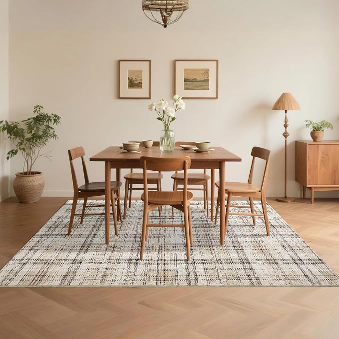 Modern Plaid Washable Rug 10x13 Area Rug for Living Room Soft Large Area Rug for Bedroom Non Shedding Non Slip Throw Rugs Stain Resistant Carpet for Dining Room Nursery Rug 10'x13' Beige