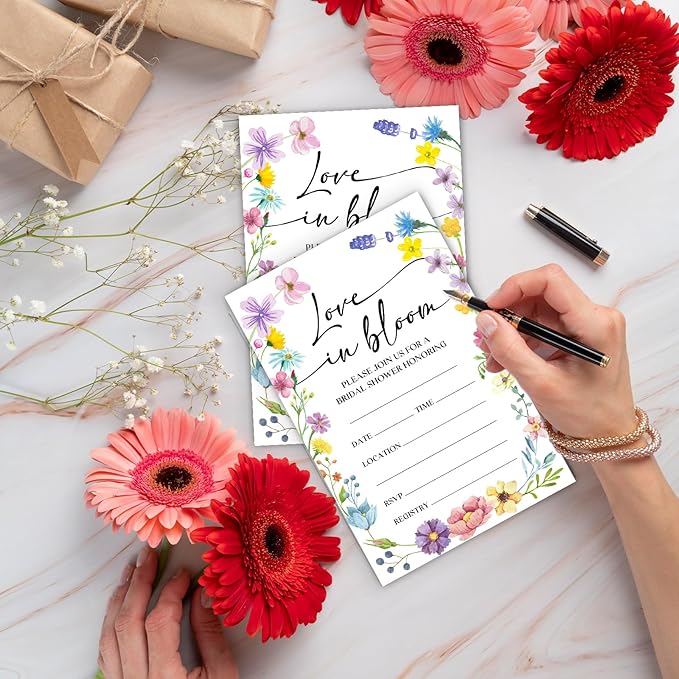 Bridal Shower Invitations, Love In Bloom Invites with Envelopes, 4x6 Inches Floral Invite Card for Wedding Shower, Newlyweds, Party Favor & Decorations-A01