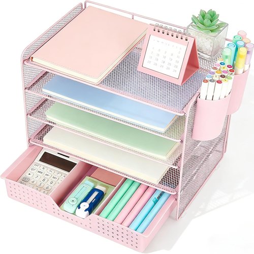 LEKETREE Desk Organizer - 5-Tier Paper Letter Tray with Drawer & 2 Pen Holders | Pink Office Supplies