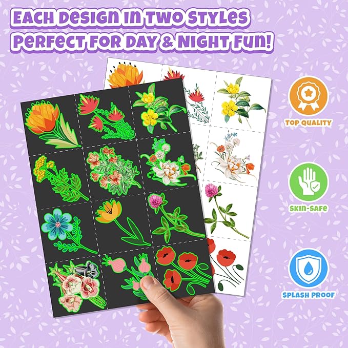 96 PCS Floral Flower Party Favors Set – 72 Pre-Cut Temporary Tattoos & 24 Slap Bracelets for Kids, Perfect for Spring Birthday Parties, Flower Festivals & Classroom Rewards