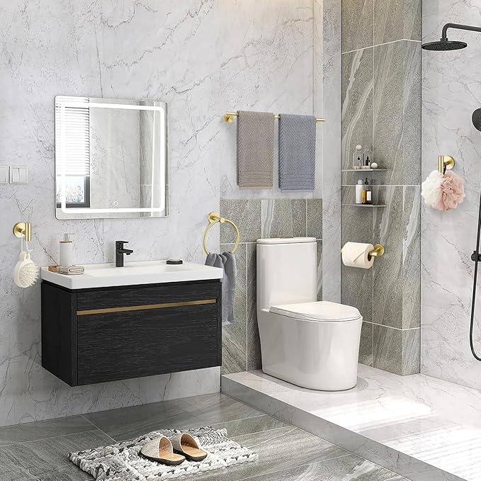 5 Pieces Brushed Gold Bathroom Hardware Accessories Set SUS304 Stainless Steel Gold Towel Bar Holder Set, 23.6Inch Towel Racks for Bathroom, Robe Towel Hooks, Toilet Paper Holder Wall Mounted