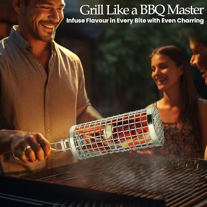Grill Well 2.0 - Rolling Grill Basket (2 PCs) ideal as Birthday Gift for Dad who has Everything, BBQ Vegetables Grill Baskets, Outdoor Cooking Gadgets, Mens Gifts Ideas, BBQ Smoker Accessories & More