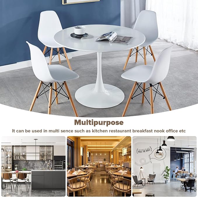 5-Piece Round Dining Table Set,42" Mid-Century Modern Kitchen Table with 4 Chairs,Tulip Pedestal Table & Solid Wood Legs,Space Saving Compact Furniture for Small Spaces Apartment Home,White