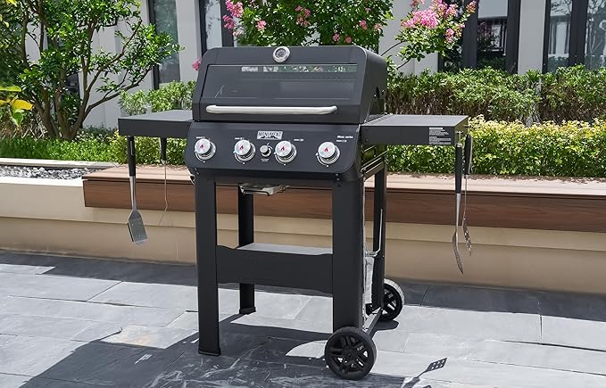 Monument Grills 4-Burner Liquid Propane Gas Grill, Matte Black Stainless Steel Burner Grill with Clearview® Lid and One Foldable Shelf for Outdoor Cooking Kitchen Patio Backyard Barbecue, Mesa420MF