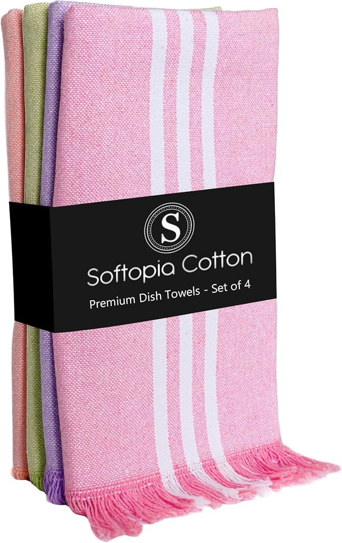 Multi Color Kitchen Towels 4 Pack, 16x26 Inches, Striped Tea Towels, Quick Dry Dishcloth, Absorbent Cleaning Rags, Washable Kitchen Cloths - Rose Pink, Lavender, Green, Orange