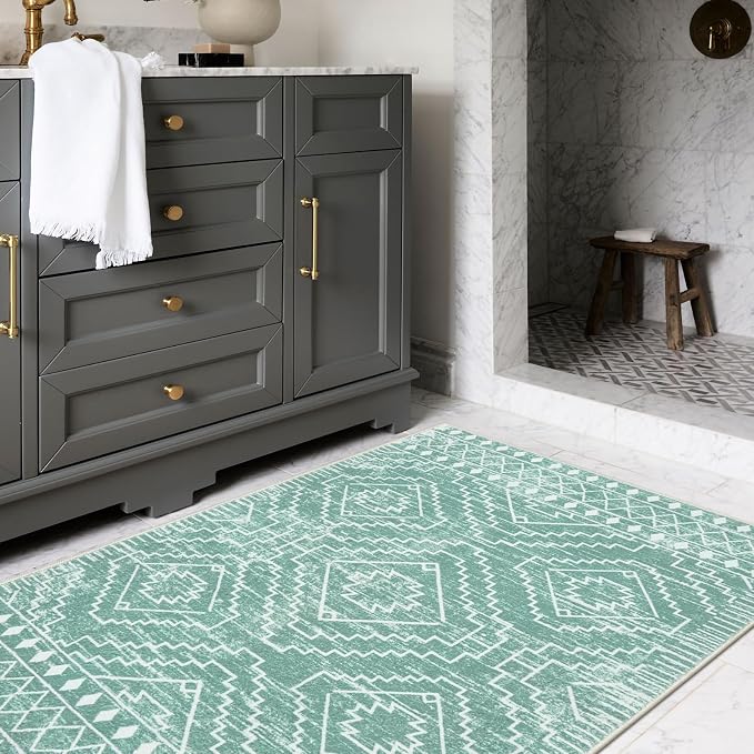 Wonnitar Moroccan 3x5 Area Rug, Sage Green Rug for Bedroom, Washable Farmhouse Kitchen Rug Non-Slip Living Room Throw Mat, Soft Non-Shedding Small Carpet for Bathroom Dorm Office (Mint Green,3'x5')