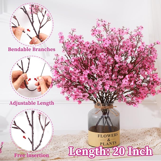 Yastouay Pink Artificial Babys Breath Flowers, 10 Pcs Real Touch Silk Faux Flowers for Decorations, Spring & Summer Floral Arrangement
