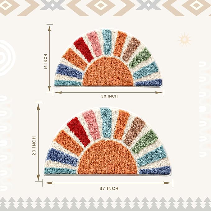 Boho Bathroom Rugs Cute Half Circle Bath Mat 20x37 Inch, Soft and Absorbent Tufted Bohemian Sun Bath Mat Non Slip Washable, Boho Bathroom Decor Rug Colorful Decorations