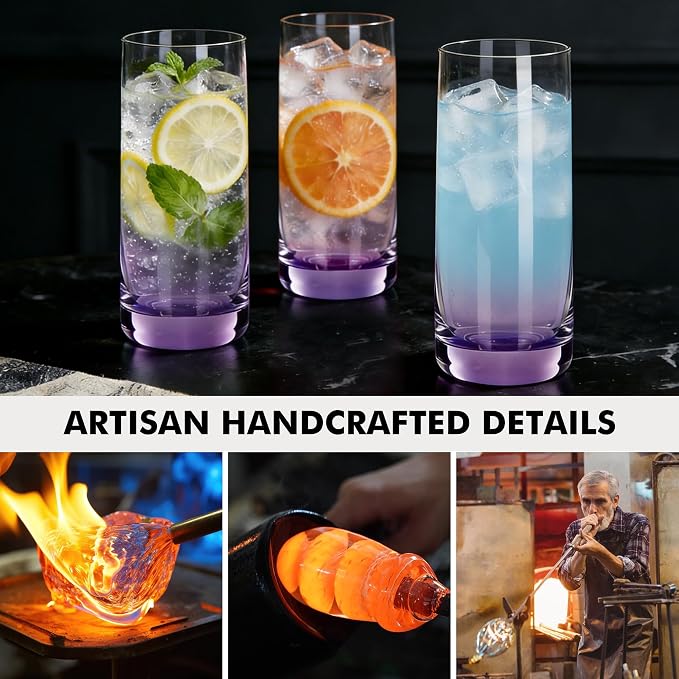 Purple Highball Glasses Set of 6, 13oz Drinking Glass Cups for Mixed Drink Cocktail, Beer, Mojito, Water and Juice,Thick Tall Crystal Glassware for Kitchen, Restaurant, Home Bar and Parties