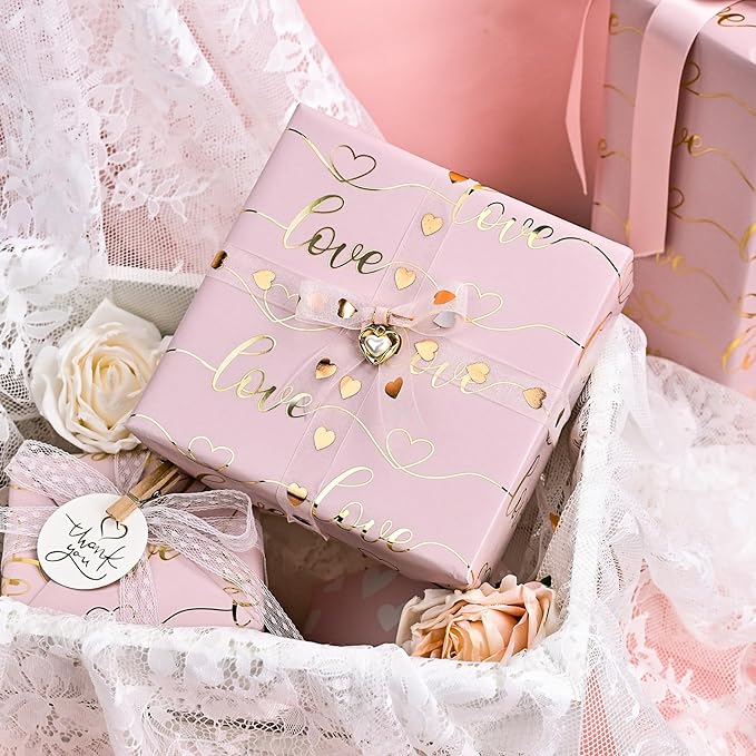 Burymento Pink Love Wrapping Paper, Reversible Pink Heart Gift Wrap for Birthday, Valentines, Mothers day, Graduation, Wedding, Fathers day, Baby Shower, Christmas (17in x 32.8ft)