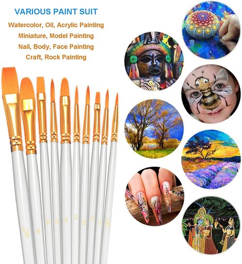 BOSOBO Paint Brush Set - 60 Pcs Round Pointed Tip Nylon Hair Brushes for Acrylic, Oil & Watercolor Painting | White