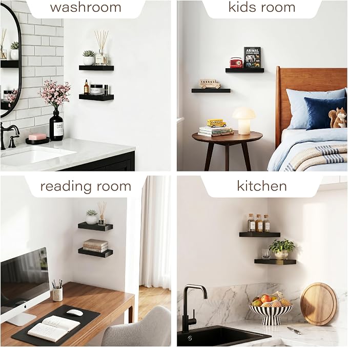 Black Floating Shelves for Wall Set of 2, 11.8 Inch Small Wall Shelves for Bathroom Over Toilet, Home Office & Bedroom Storage, Wall Mounted Display Shelves for Decor, Books & Collectibles