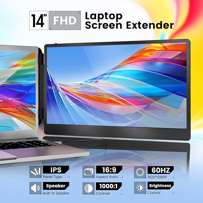 domyfan 14" Laptop Monitor Extender, FHD 1080P IPS Dual Laptop Screen Extender, HDMI/USB-A/Type-C Plug and Play for Windows, Mac, Chrome, Android, Xbox, Switch, PS5, Work with 13.3”-17” Laptops