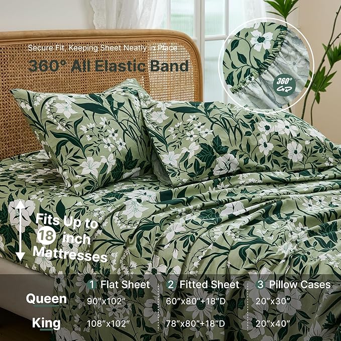 100% Cotton Sheet Set King Size – 4-Piece Luxury Forest Green Floral Bedding, Soft Breathable Percale Weave, Deep Pocket Fitted Sheet 17.5", Crisp Cool Feel, Refined Botanical Elegance