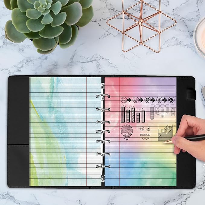 100 Sheet 5.5" x 8.5" Colored Loose Leaf Paper Half Letter Lined Paper 7 hole punched Wide Ruled Paper Refills College Ruled Notebook Paper Watercolor 80GSM For 3 Or 7 Ring Binders