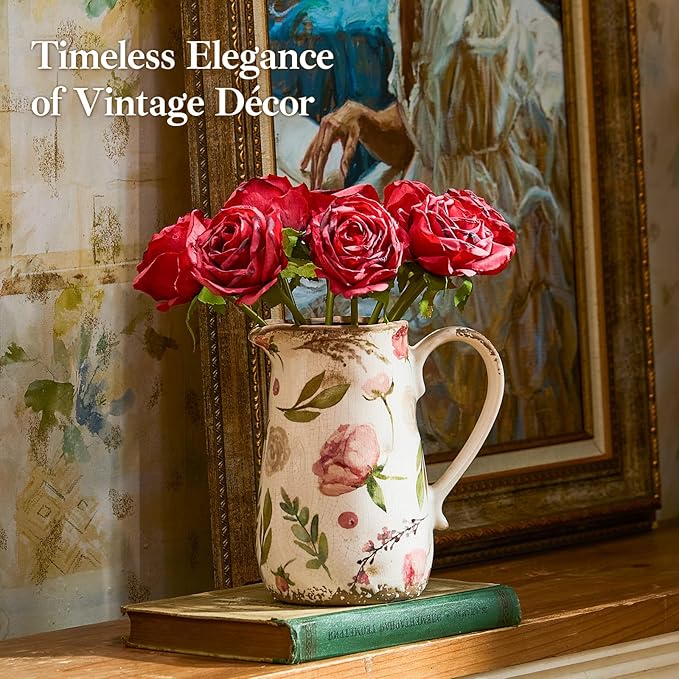Vintage Fruit and Floral Ceramic Vase with Handle, Retro Ice Glazed Crack Farmhouse Pitcher Vase for Home Decor, Living Room, Shelf, Office, Rustic Table Centerpiece 7 Inch