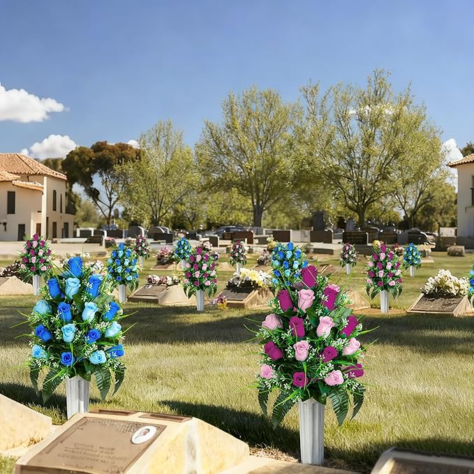 Artificial Cemetery Flowers - Set of 2 Grave Memorial Rose Flowers with Vase for Cemetery Headstones Gravesites Decoration (Dark Blue & Light Blue)