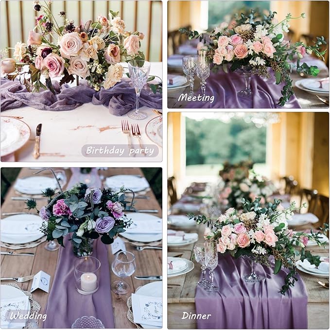 12 Pack 10Ft Cheesecloth Table Runner 35x120 Inch Boho Gauze Table Runner Rustic Cheese Cloth Long Romantic Table Runners for Wedding Bridal Shower Birthday Party Table Decor (Grape)