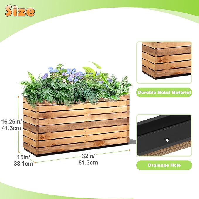 Metal Planter Box Rectangular Planter Box with Drainage Hole, Outdoor Large Planters, All-Weather Use, Rust-Resistance, for Flowers Plants, 32" L × 15" W × 16.3" H, Dark Walnut