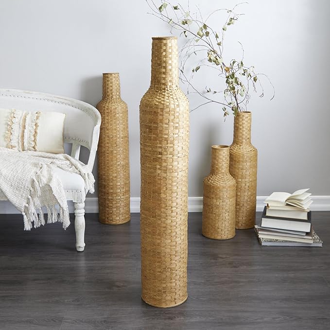 Deco 79 Bamboo Wood Decorative Vase Tall Woven Floor Centerpiece Vase, Flower Vase for Home Decoration 9" x 9" x 48", Brown