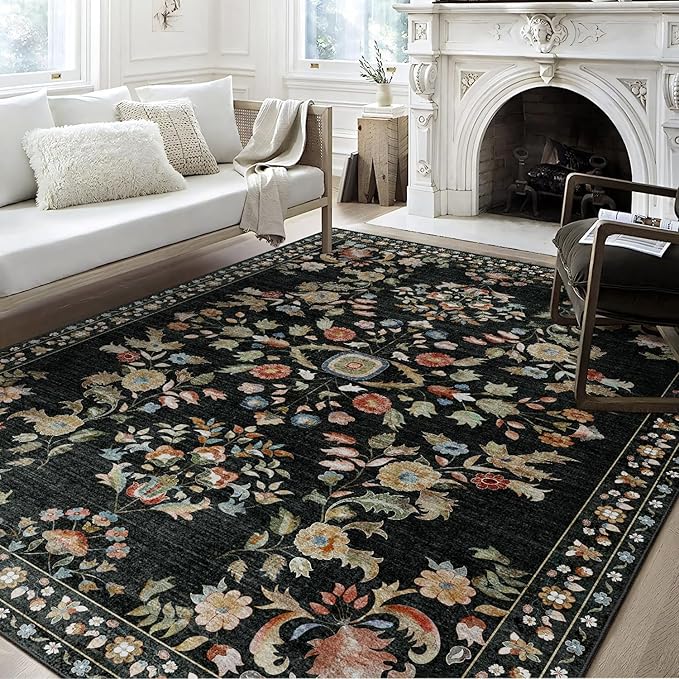 MUJOO 8x10 Area Rugs Washable,Large Floral Rugs for Living Room Bedroom Dining Room,Boho Indoor Floor Rug Non Slip Throw Carpet Low Pile Vintage Black