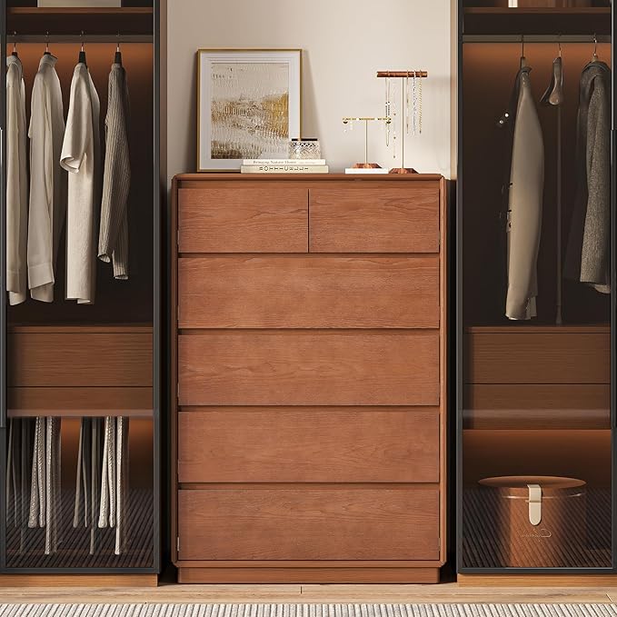 Solid Wood Dresser for Bedroom, Natural Solid Wood 6 Drawer Dresser,45.3" Tall Mid Century Modern Chest of Drawers, Closet Storage Organizer for Living Room, Bedroom