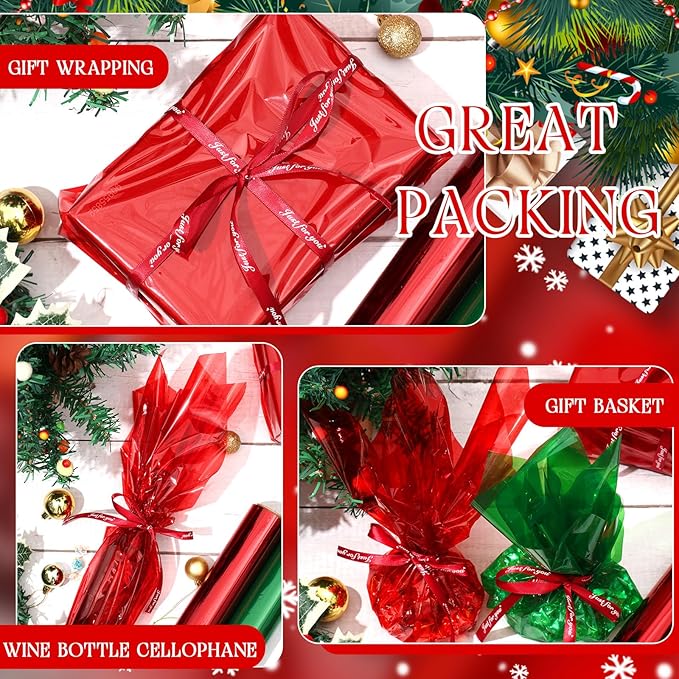 Cholemy 4 Rolls Christmas Cellophane Warp - 100ft Long x 31.5in Wide Green Red Transparent Cellophane Wrap 2.3 Mil Gift Basket Wrapping Paper Roll Plastic Wrap for Art Treats Christmas Decoration