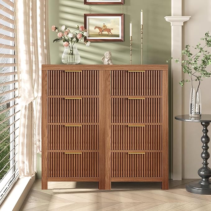 Modern 8-Drawer Solid Wood Dresser with Fluted Front & Gold Handles, Multifunctional Tall Storage Chest, for Hallway, Entryway, Walnut X2