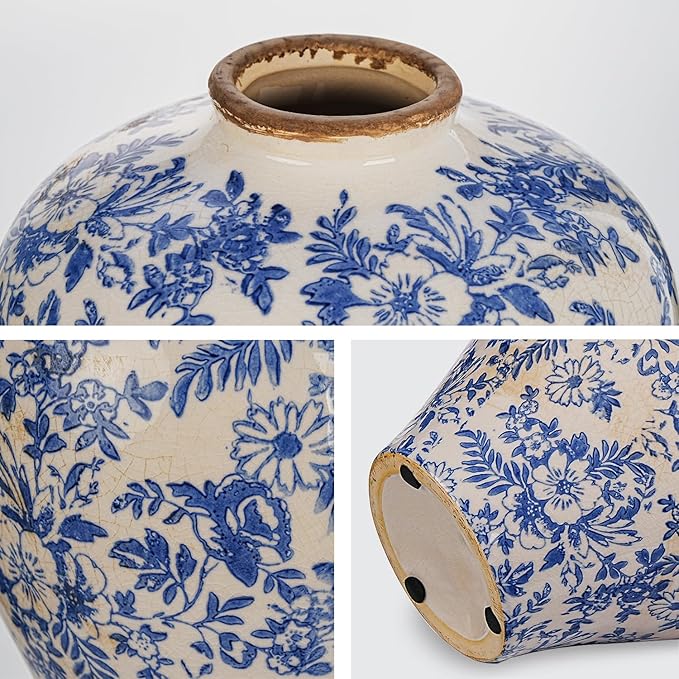 Sungmor Vintage Ceramic Flower Vase - 9.4 Inch Retro Ice Cracked Glaze Chinoiserie Vase, Rustic Farmhouse Home Décor Accent for Dried Flowers, Greenery - Table Centerpieces, Shelf, Mantel Decor
