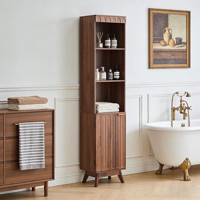 71" Tall Narrow Bathroom Storage Cabinet with Door, Small Fluted Cabinet with Adjustable Shelves & 3-Tier Open Shelf, Modern Freestanding Slim Organizer for Space Saving Living Room Kitchen (Walnut)