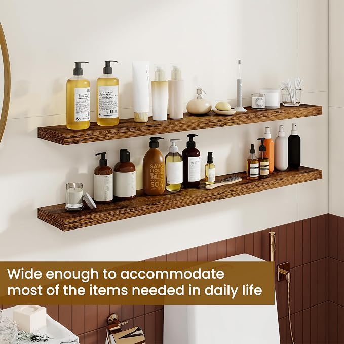 Dreamland 48Inch Floating Shelves for Wall, Rustic Wooden Storage Shelf for Living Room, Kitchen, Farmhouse, Wall Mounted Display Shelving with Invisible Heavy-Duty Metal Bracket, Set of 2 - Brown