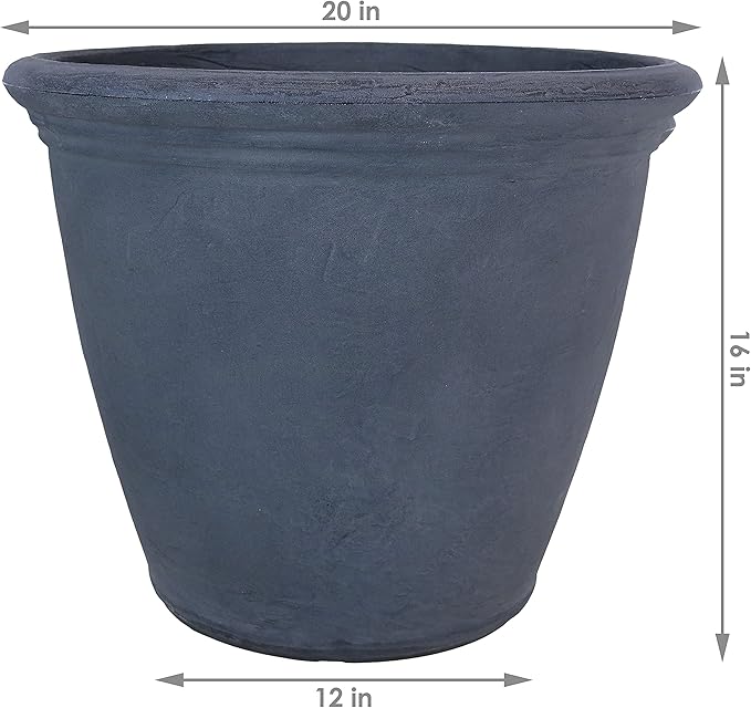 Sunnydaze 20-Inch Anjelica Large Plastic Pot for Plants - Double-Walled Outdoor Polyresin Round Planter Porch Pot with Drillable Drainage Holes - Slate - 2pk