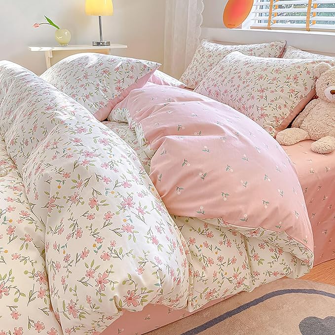 EAVD Pink Floral Duvet Cover Full White Soft Cotton Chic Shabby Garden Floral Bedding Set with 2 Pillowcases Cute Floral Botanical Duvet Cover with Zipper Closure
